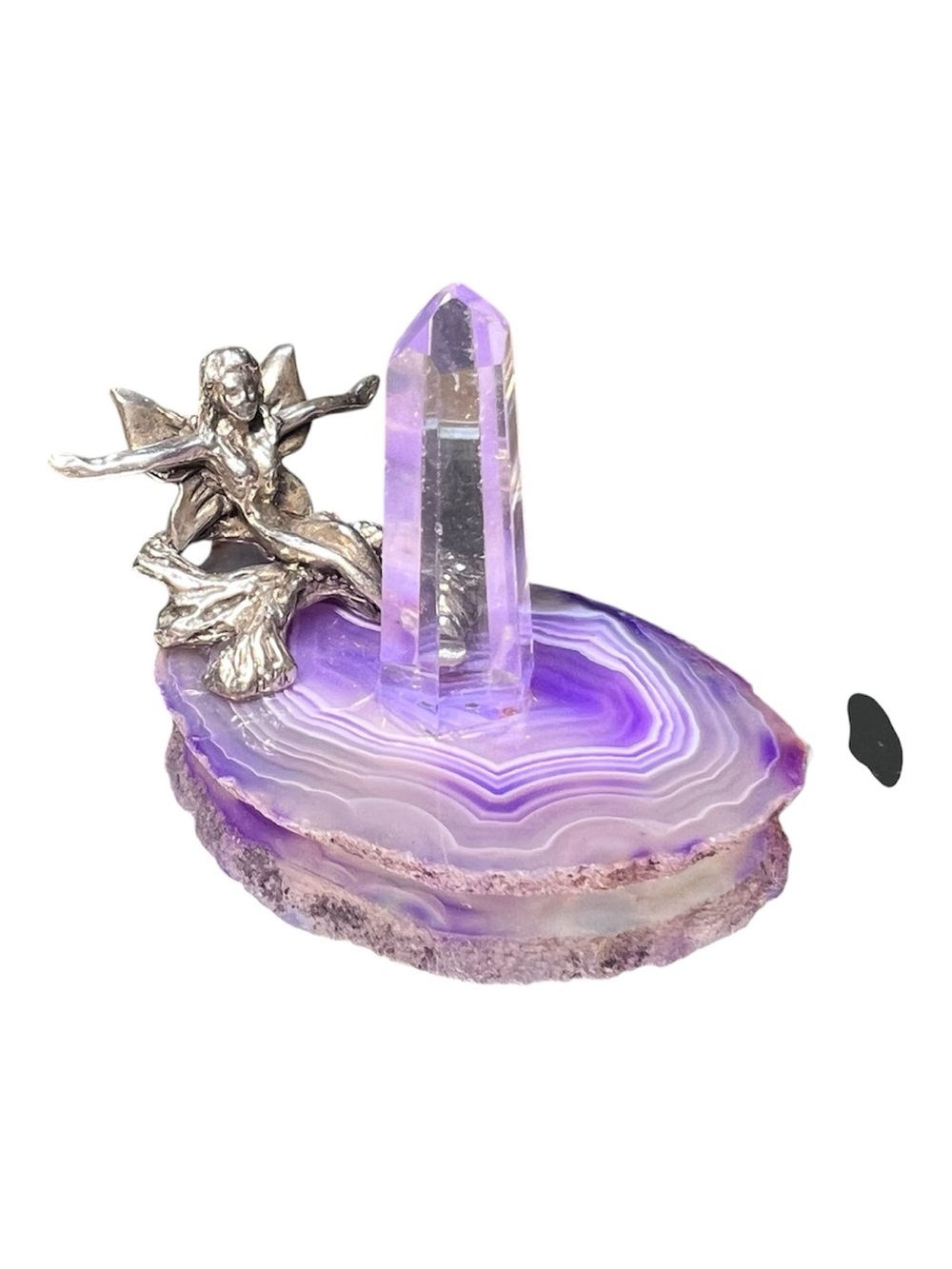 Purple Agate Slice Crystal Point with Pewter Fairy Accent NWOT